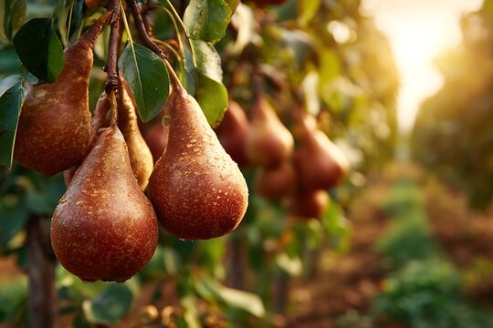 Ripe pears growing on orchard tree at sunset