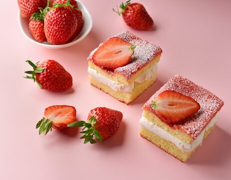 strawberry shortcake slices arranged on soft pink background