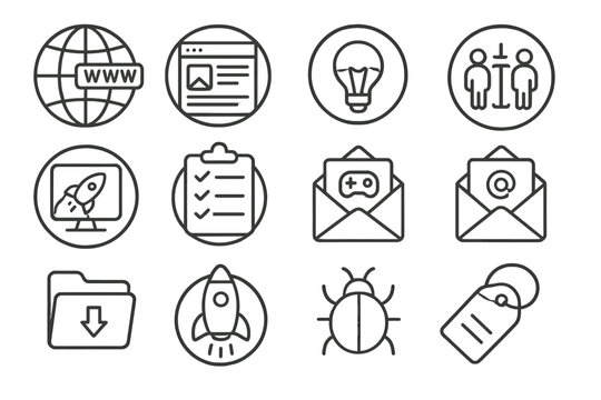 Startup Launch Essentials. Line style round icons of startup launch essentials: domain name, landing page, logo icon, elevator