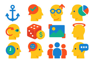 Cognitive Bias Icons. Flat vector icons of Cognitive Biases: Anchoring, Confirmation, Overconfidence, Availability, Hindsight,