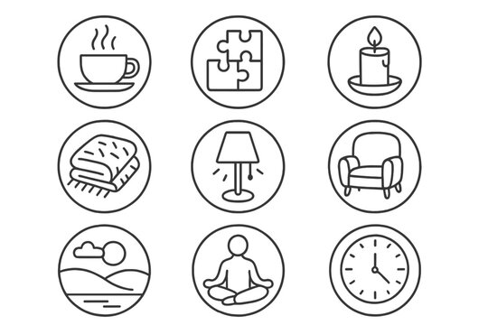 Cozy Relaxation Icons. Line style round icons of relaxing activity: tea cup, puzzle, candle, book; cozy blanket, lamp glow, soft