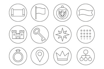 Dynastic Iconography Symbols. Line style round icons of dynastic identity: surname scroll, house flag, crest badge, border motto;