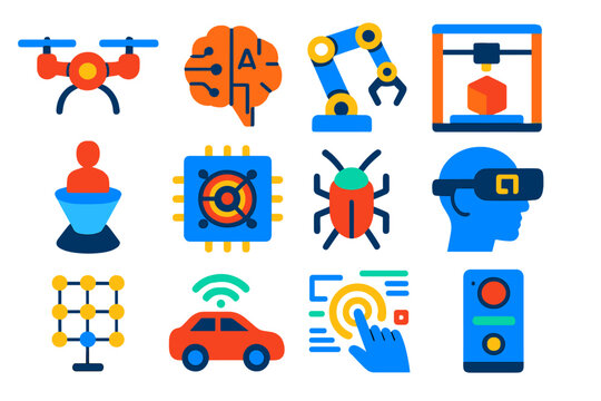 Emerging Tech Icons. Flat vector icons of emerging technologies: drone, AI brain, robotic arm, 3D printer, hologram, quantum chip,