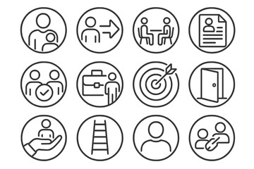 Career Connections Icons. Line style round icons of career connections: mentor figure, introduction arrow, interview seat,