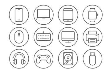 Line Style Devices. Line style round icons of digital devices: smartphone, laptop, tablet, smartwatch; mouse, keyboard, monitor,
