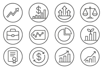 Fototapeta premium Investing Icons Overview. Line style round icons of investing basics: stock arrow, dollar graph, mutual fund, risk scale;