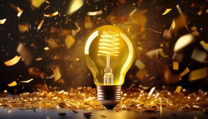 a yellow spiral lightbulb shimmering surrounded by golden confetti suggesting creativity and innovation