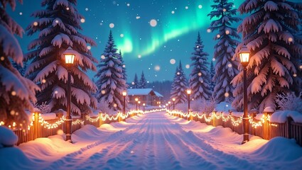 Magical winter cabin with Christmas lights and aurora