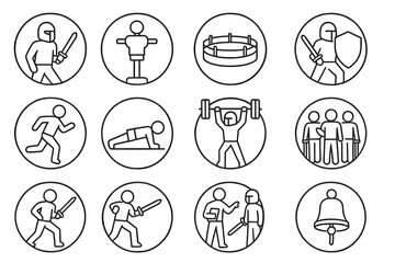 Knight Training Icons. Line style round icons of knight training: wooden sword, sparring dummy, practice ring, shield block;