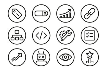 SEO Tools Icons. Line style round icons of SEO tools: keyword tag, search bar, ranking chart, backlink icon; sitemap, meta tag,