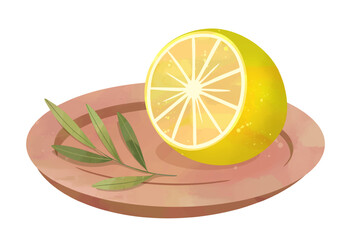 Lemon and provencal herbs served on a plate. Hand painted in watercolor. Perfect for food illustration.