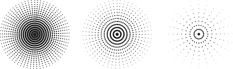 Three black and white halftone circular radiate objects in a row. Pop art or manga anime style design elements. Resembling waves or ripples. Clean simple isolated vector.