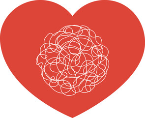 Bright red solid fill heart shape with white scribbles in the middle. Symbol of confusion, misunderstanding, frustration. Psychology concept. Simple clean isolated vector.