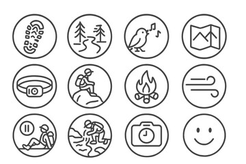 Solo Hiking Icons. Line style round icons of solo hiking: single boot print, quiet trail, bird song, open map; headlamp, lookout