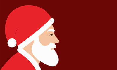 Profile portrait of Santa Claus in a red Christmas hat. Horizontal maroon background with a blank space for your text. Festive template design. Vector illustration.