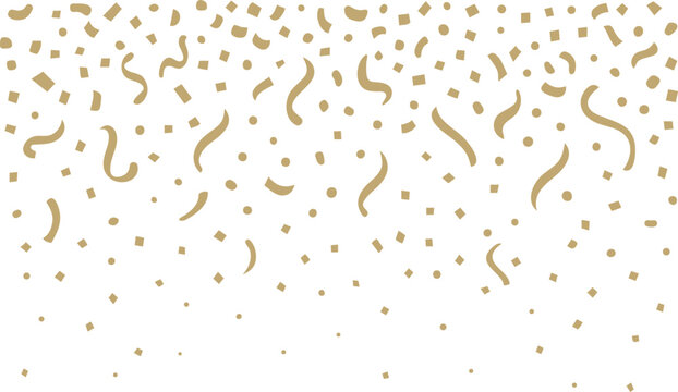 Golden confetti in various geometric shapes. Horizontal background with empty space for your text. Decorative element for festive designs. Minimalist flat style. Vector illustration.