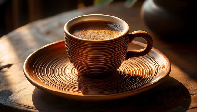 aromatic coffee in a rustic brown cup resting on a swirling patterned saucer bathed in soft sunlight - Powered by Adobe