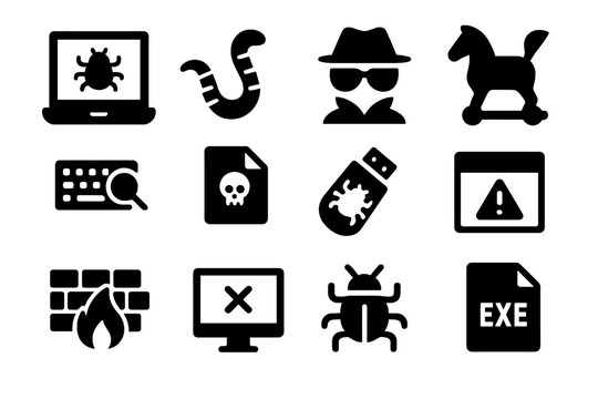 Malware Icons Collection. Solid style icons of malware types: computer virus, worm, spyware, Trojan, keylogger, corrupted file,