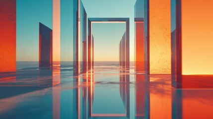 Optical coherence effects infinite reflection tunnel vibrant color spectrum layers geometric frames receding perspective architectural light interference pattern depth