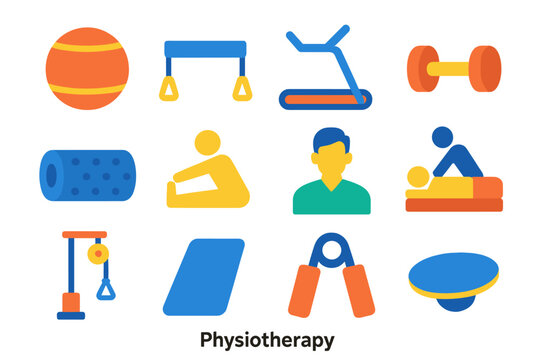 Physiotherapy Tools Icons. Flat vector icons of Physiotherapy: Exercise Ball, Resistance Band, Treadmill, Dumbbell, Foam Roller,