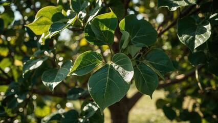 A close-up of green leaves on a tree with sunlight shining through.