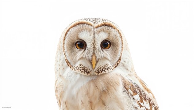 Barn owl close-up with detailed face and feathers, isolated on white background. Wildlife and bird photography, in natural colors. The beauty of nocturnal bird species.