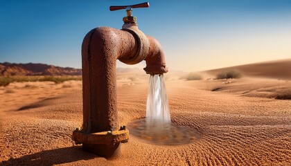 rusty water tap dripping in a dusty desert