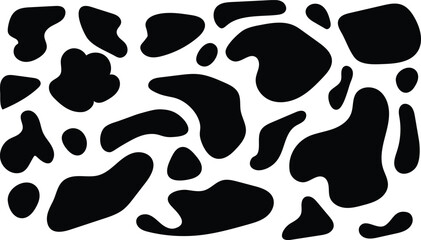 An abstract pattern featuring irregular black shapes against a solid white background resembling animal markings