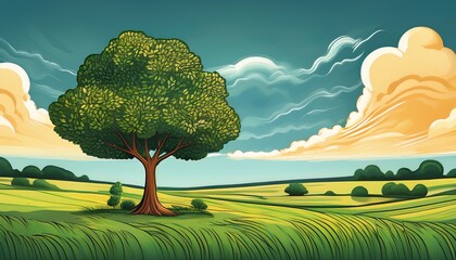 a tree in a field a tree in a field under a cloudy sky a tree in the middle of a field with a sky background