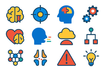 Flat Cognitive Function Icons. Flat vector icons of Cognitive Functions: Memory, Attention, Problem Solving, Reasoning, Emotion,