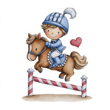 Young rider jumps over a colorful horse jumping obstacle with joy