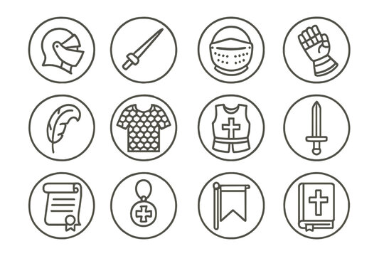 Knightly Honor Icons. Line style round icons of knightly honor: helmet, lance, visor, gauntlet; plume, chainmail, tabard, sword;