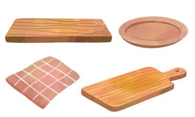 A set of empty wooden boards, plate and napkin for serving. Hand painted in watercolor style for kitchen design.