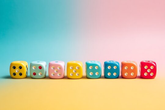 Colorful dice lining up on vibrant background