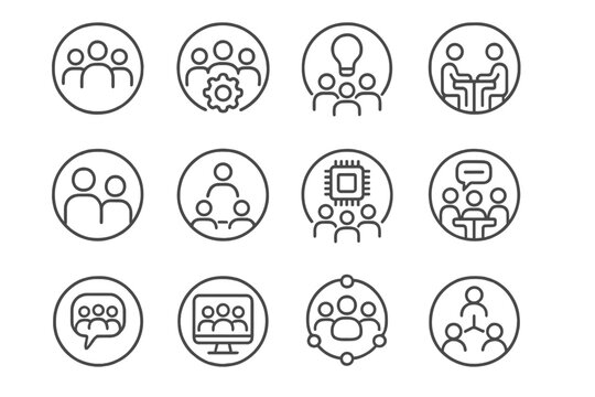 Professional Circles Icons. Line style round icons of professional circles: alumni group, industry niche, mastermind group,