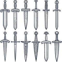 Two crossed medieval antique swords illustration vector silhouette drawing