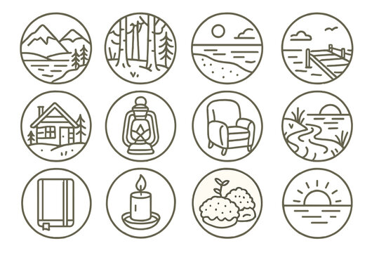 Peaceful Place Icons. Line style round icons of peaceful places: mountain lake, quiet forest, foggy beach, empty dock; cabin,