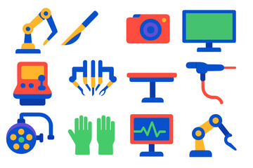 Obraz premium Surgical Robot Icons. Flat vector icons of Surgical Robots: Robotic Arm, Scalpel, Camera, Monitor, Control Console, Surgical Tool,