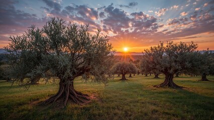 Fototapeta premium Sunset over an olive grove with trees and a vibrant sky at dusk.
