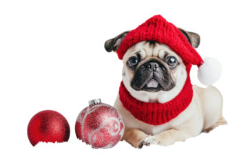 Festive Pug: A cute pug sporting a festive red knit hat and scarf, posing charmingly next to Christmas ornaments, embodies the spirit of holiday cheer. 