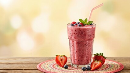 A glass of strawberry smoothie with fresh strawberries and blueberries on a cloth, on a wooden surface with a blurred warm background.