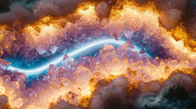 Macro light paths bending refracting through mineral crystal formations luminous trails curved light trajectories deep depth field environmental context digital design visuals