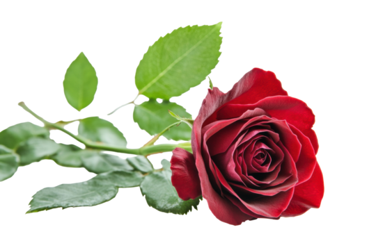 Crimson Rose's Delicate Beauty: A captivating close-up of a single, velvety crimson rose in full bloom, revealing intricate petals and lush green leaves, evoking feelings of love and passion.