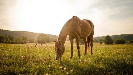 A brown horse grazing in a grassy field during sunset or sunrise with a scenic background.