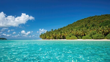 Fototapeta premium Tropical beach scene with turquoise water, lush green hills, and a blue sky with scattered clouds.