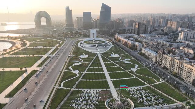 The Victory Arch Monument and Memorial Complex in Baku, captured by an Azerbaijan drone.
