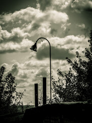 Dramatic Black and White Landscape with Old Lamp and Cloudy Sky