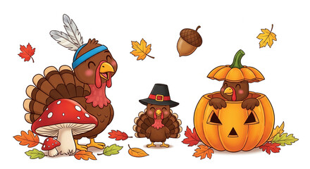 Naklejka premium Cartoon illustration of turkey characters with mushroom, pumpkin, acorn, and autumn leaves, representative of Thanksgiving and Halloween celebrations