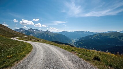 Naklejka premium Remote mountain landscape with winding dirt road through green hills and distant peaks under a blue sky.