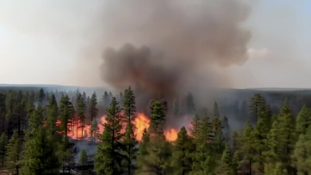Dramatic Forest Fire Engulfing Trees, Blazing Flames and Thick Smoke Rising Into the Sky